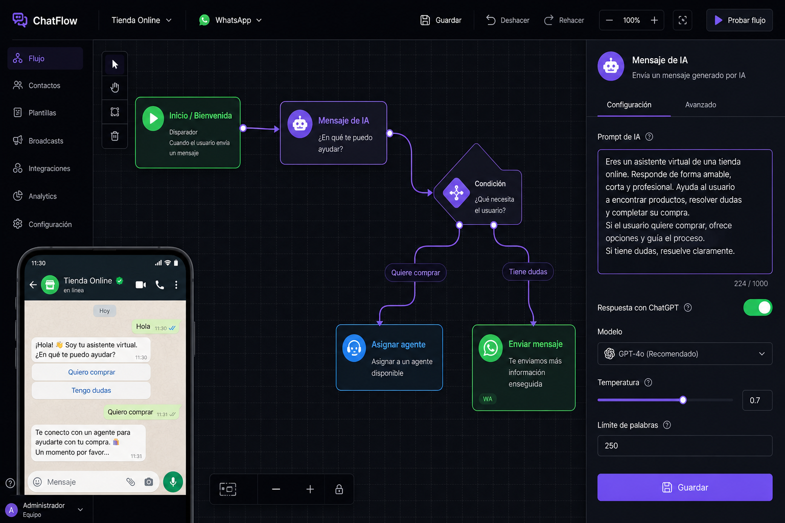 Constructor visual de bots con IA en Whapzy — flujos drag and drop sin código
