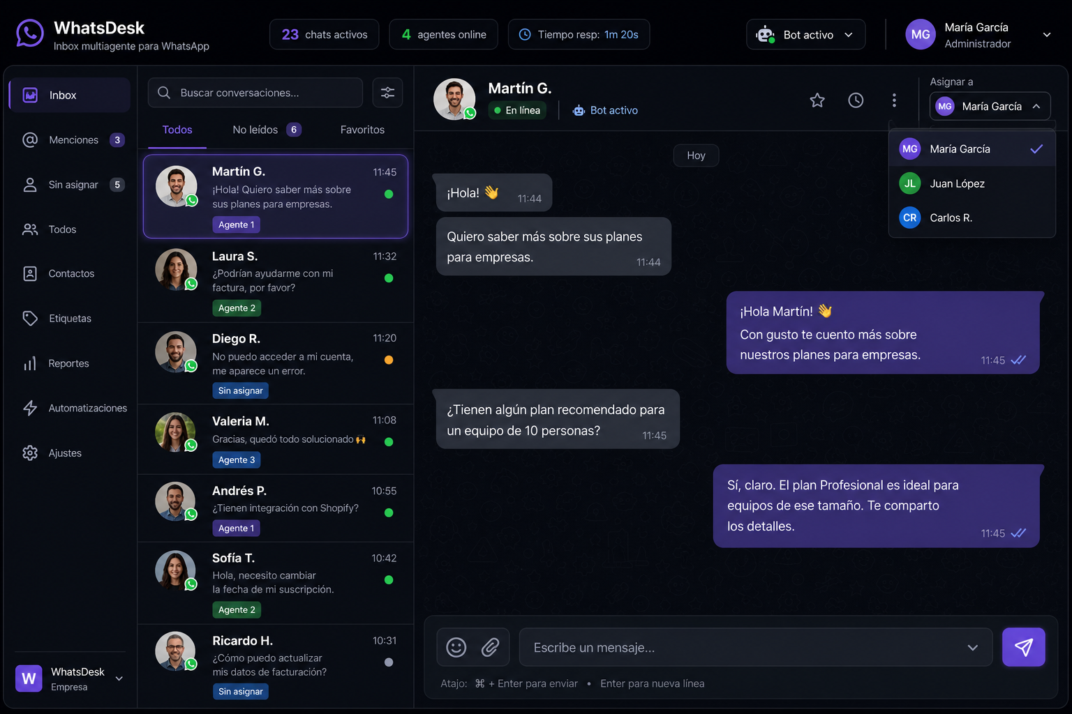Panel multiagente de Whapzy con asignación de conversaciones y múltiples agentes